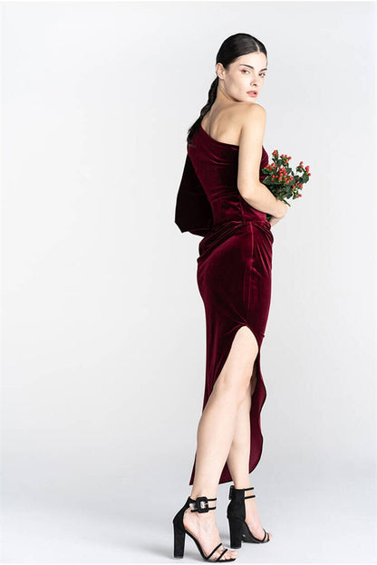 One Shoulder Tight Burgundy Velvet Dress