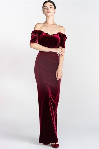 Off Shoulder Burgundy Velvet Dress with Bow