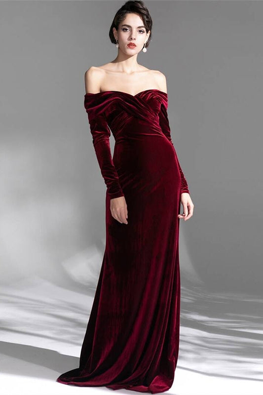 Long Sleeves Burgundy Velvet Dress