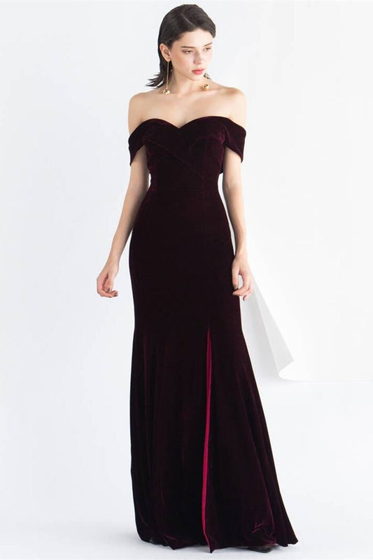 Off the Shoulder Burgundy Velvet Dress with Slit