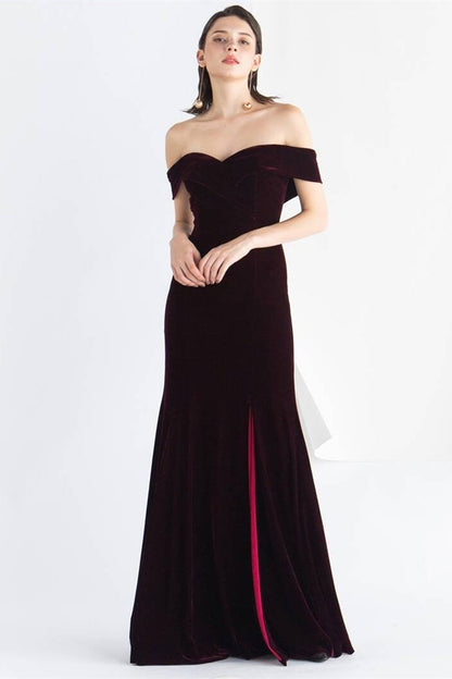 Off the Shoulder Burgundy Velvet Dress with Slit