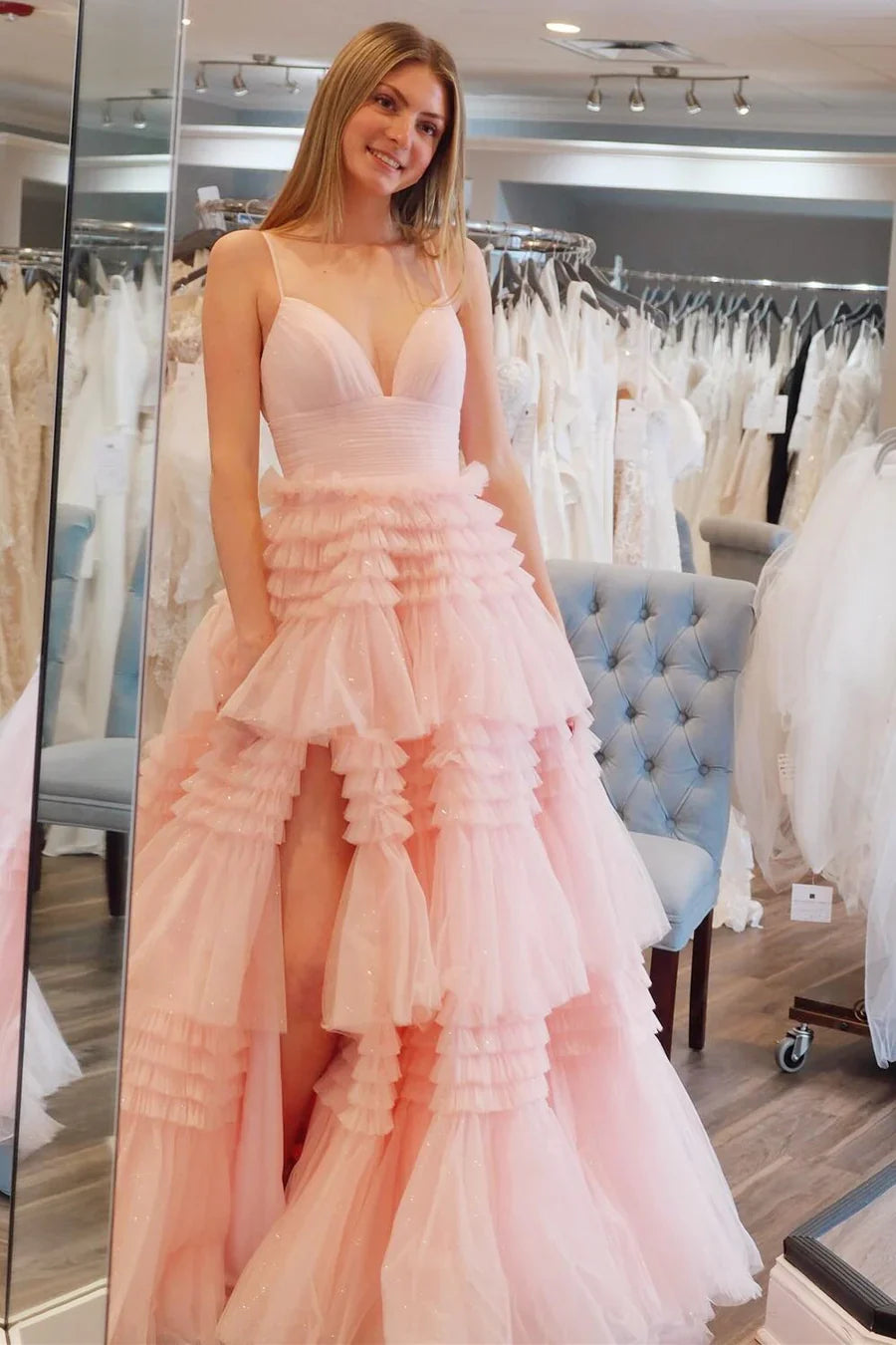 Sexy A Line V-neck Black Tulle Multi-Tiered Long Prom Dress SH1649