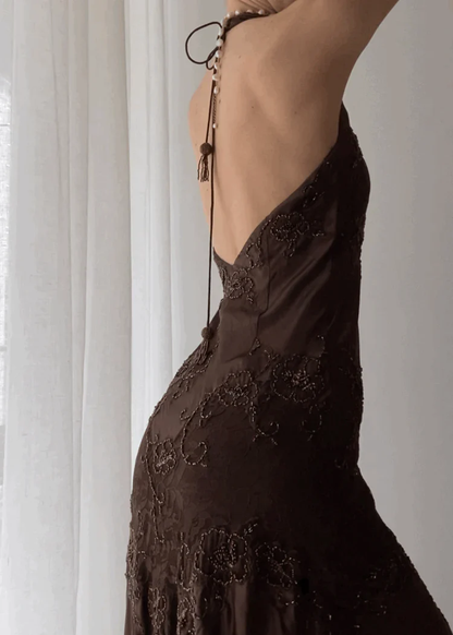 Vintage Mermaid Sleeveless Halter Brown Long Prom Dress SH1378
