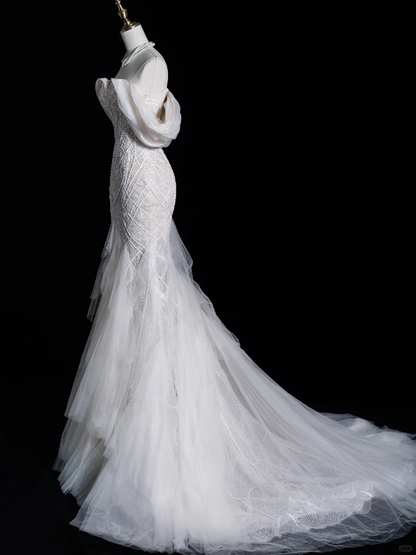 Exquisite Mermaid Off the Shoulder Beaded Lace Tulle Wedding Dress Prom Dress SH4114