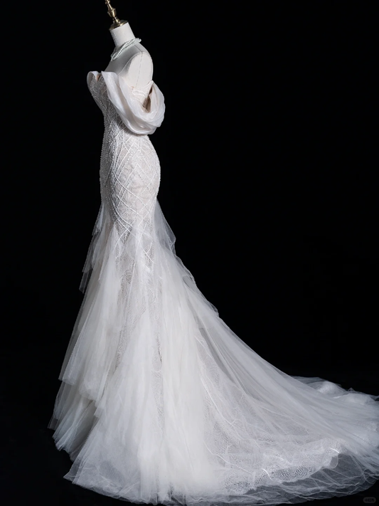 Exquisite Mermaid Off the Shoulder Beaded Lace Tulle Wedding Dress Prom Dress SH4114