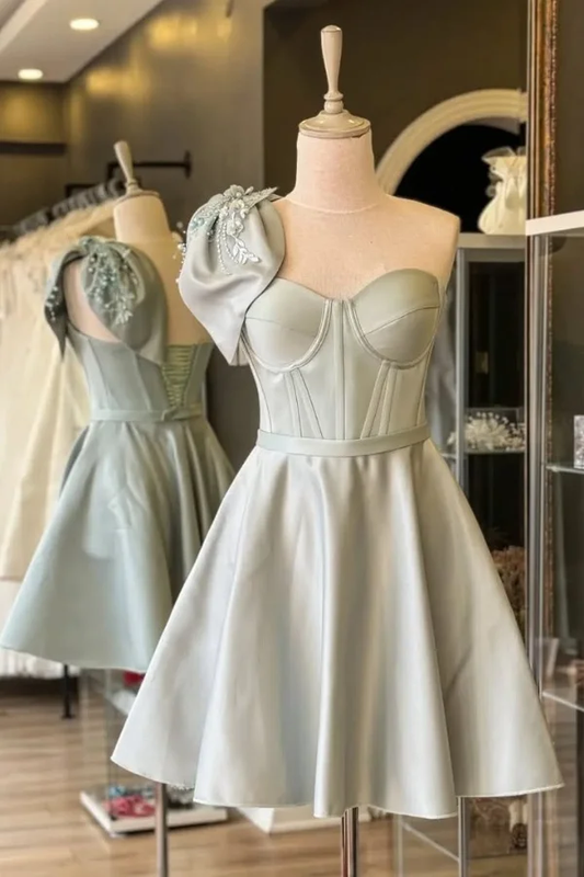 Charming Bow One Shoulder A Line Short 7th Grade  Homecoming Dress White Formal 21st Birthday Outfits D545