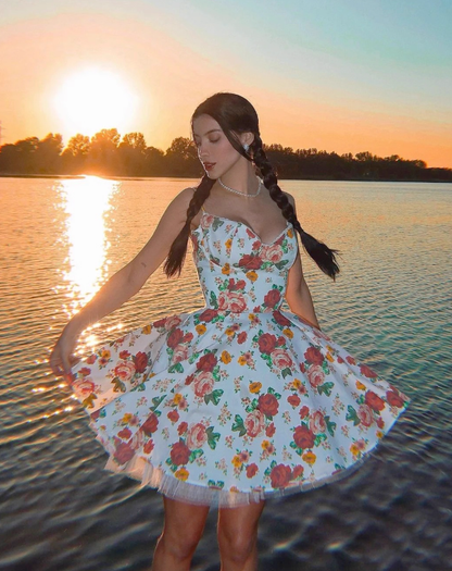 Princess A Line Spaghetti Strap Print Floral Satin Short Homecoming Dress 16th Birthday Dress SH3983
