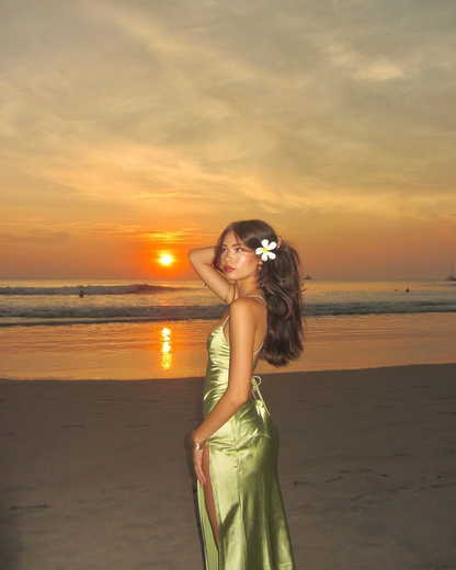 Simple Green Halter Satin Slit A Line Long Party Dress Evening Gown D1471