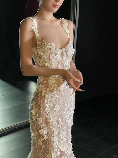 Stunning Mermaid Spaghetti Strap Floral Tulle Long Sweep Wedding Dress Prom Dress SH4718
