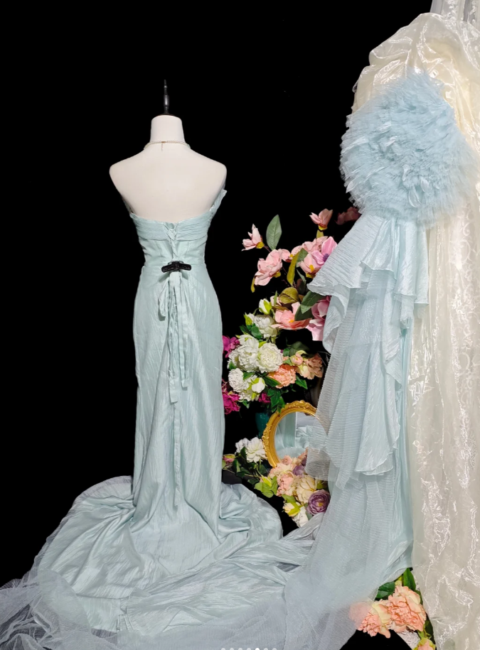 Charming Strapless Blue Tulle Mermaid Long Party Dress Birthday Prom Gown D2359