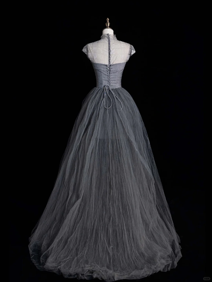 Simple Grey A Line High Neck Satin Tulle Long Prom Dress Graduation Prom Dress SH2521