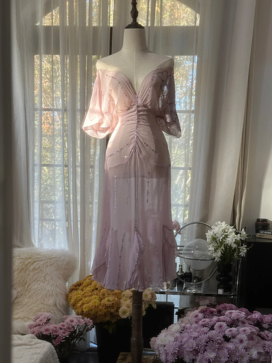 Gentle A Line V Neck Sequin Chiffon Party Dress Wedding Guest Dress SH2963