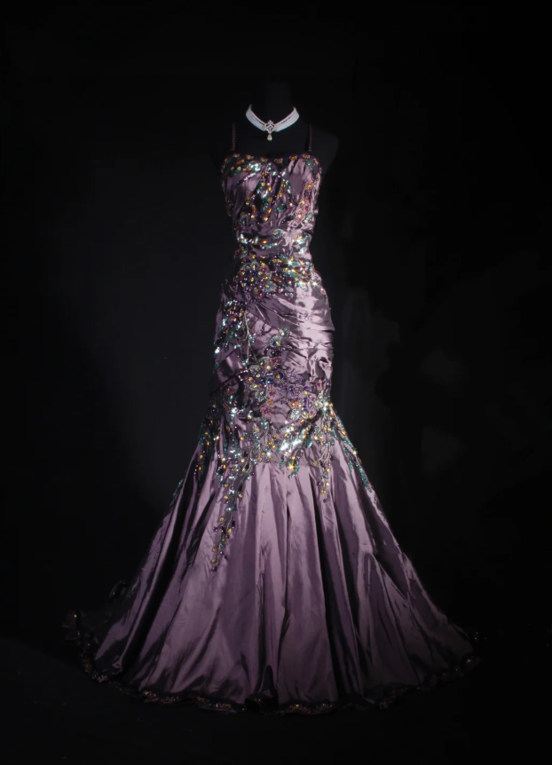 Charming Spaghetti Straps Satin Sequin Beaded Mermaid Evening Dress,Purple Long Party Dress Prom Gown D2009