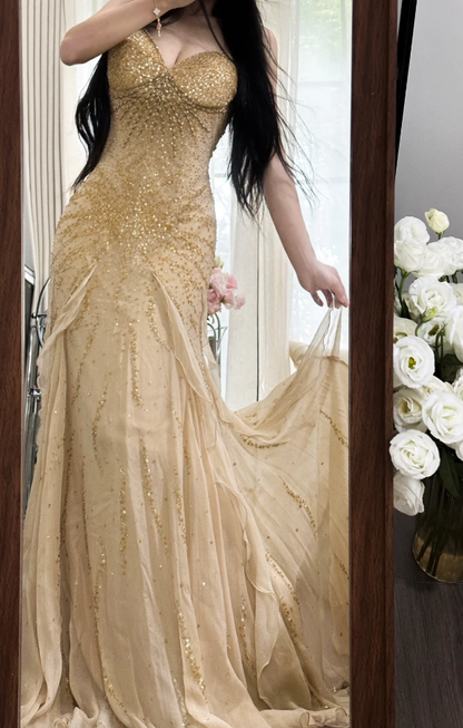 Pretty Spaghetti Straps Chiffon Beaded Ruffles Long Party Dress Yellow Mermaid Evening Dress D2308