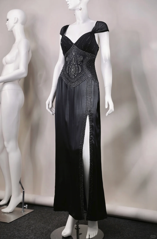 Vintage Sexy Black A Line Exquisite Beaded Chiffon Satin Prom Dress Evening Dress SH5133