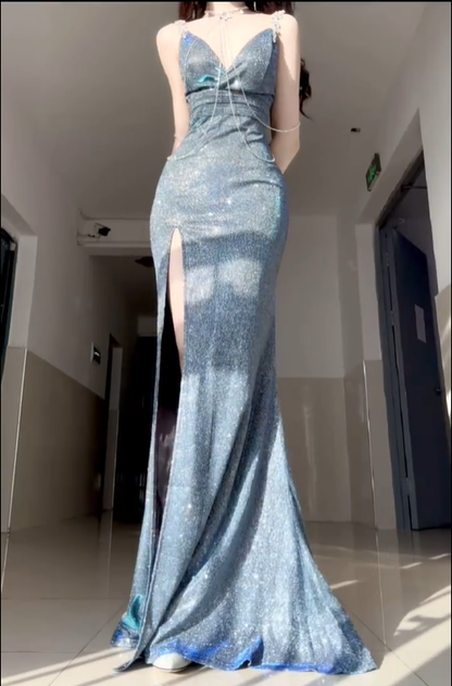 Shiny Blue Mermaid Straps Beaded Sequin Graduation Ball Gown 18th Birthday Dress SH4988
