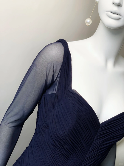 Navy Blue A Line Long Sleeve Tulle Prom Dress Evening Dress SH5131