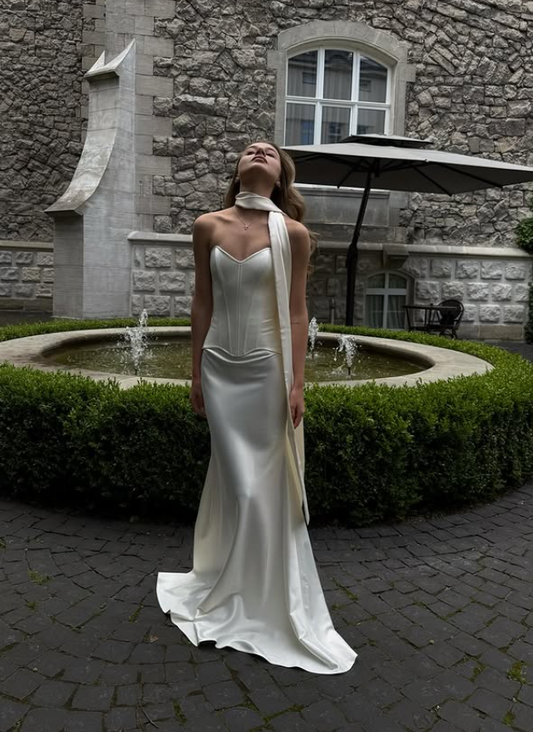 Classy Mermaid Sweetheart Neck White Satin Long Prom Dress Wedding Dress SH4617