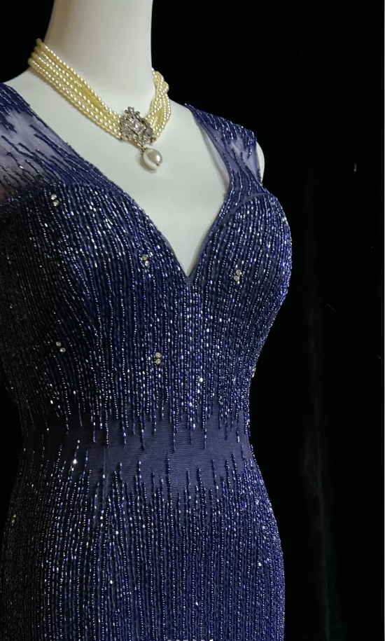 Gorgeous V Neck Dark Purple Tulle Beaded Mermaid Long Evening Dress Backless Prom Gown SP1963