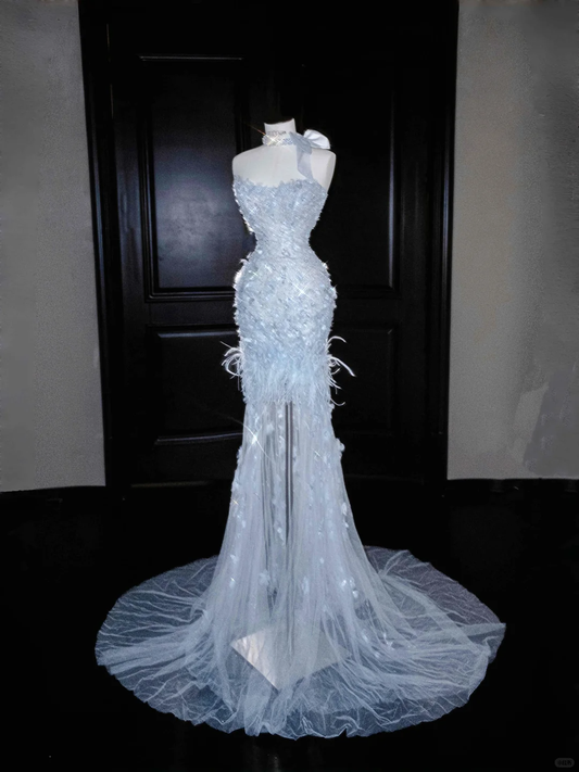 Baby Blue Mermaid Sweetheart Neck Beaded Feathder Tulle Prom Dress Evening Dress SH3350