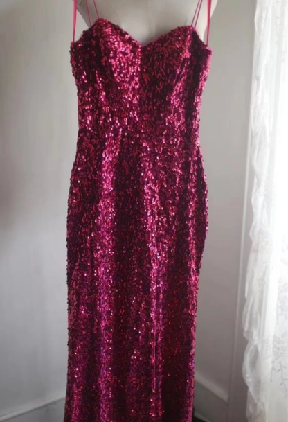 Sparkly Spaghetti Straps Hot Pink Sequin Mermaid Slit Evening Dress Long Wedding Guest Dress D2198