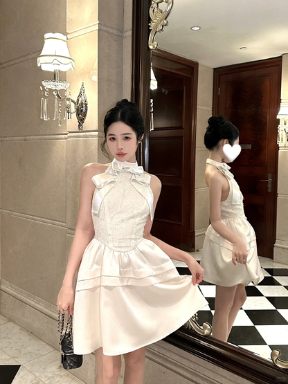 Open Back A Line Halter Bow Lace Ivory Satin Short Birthday Dress Homecoming Dress SH3401
