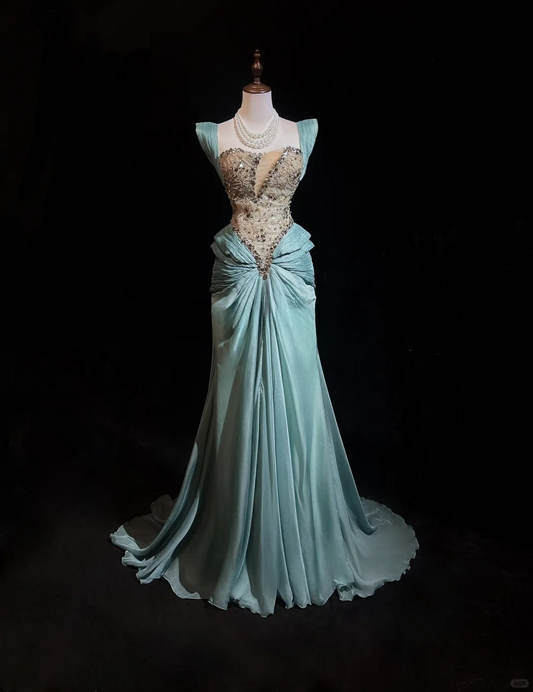 Retro Gorgeous A Line Straps Pleated Beaded Blue Satin Prom Dress Evening Dress SH3328