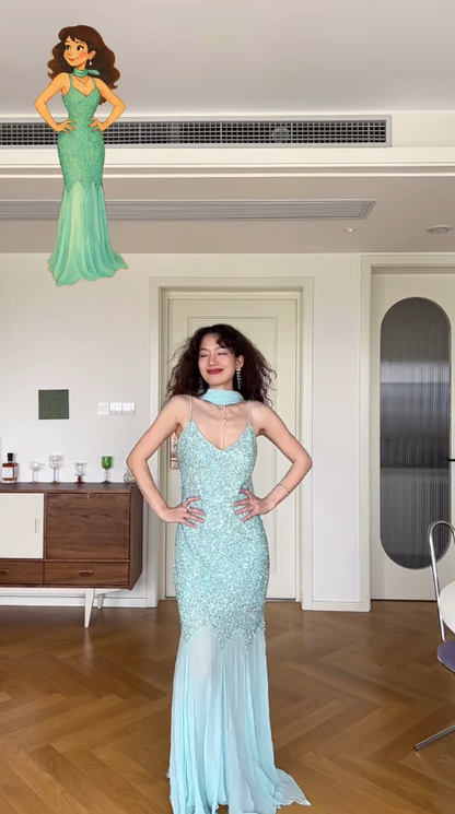 Gentle Baby Blue Mermaid Spaghetti Strap Beaded Sequin Chiffon Prom Dress Party Dress SH4547