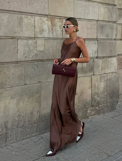 Simple Brown A Line Spaghetti Strap Satin Open Back Prom Dress Wedding Guest Dress SH4448