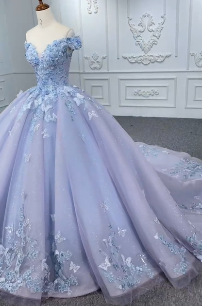 Gorgeous Purple Off The Shoulder Applique Prom Dress Sweet 16 Dress Quinceanera Dress SH969