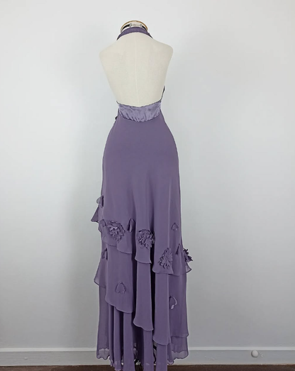Retro A Line Halter Flower Purple Chiffon Open Back Evening Dress Party Dress SH3167