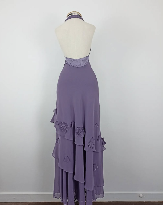 Retro A Line Halter Flower Purple Chiffon Open Back Evening Dress Party Dress SH3167