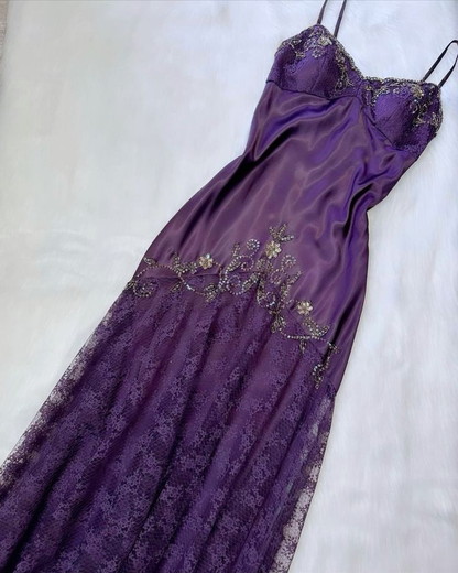 Vintage Spaghetti Straps Lace Beaded Satin Prom Dress Evening Dress SH1162