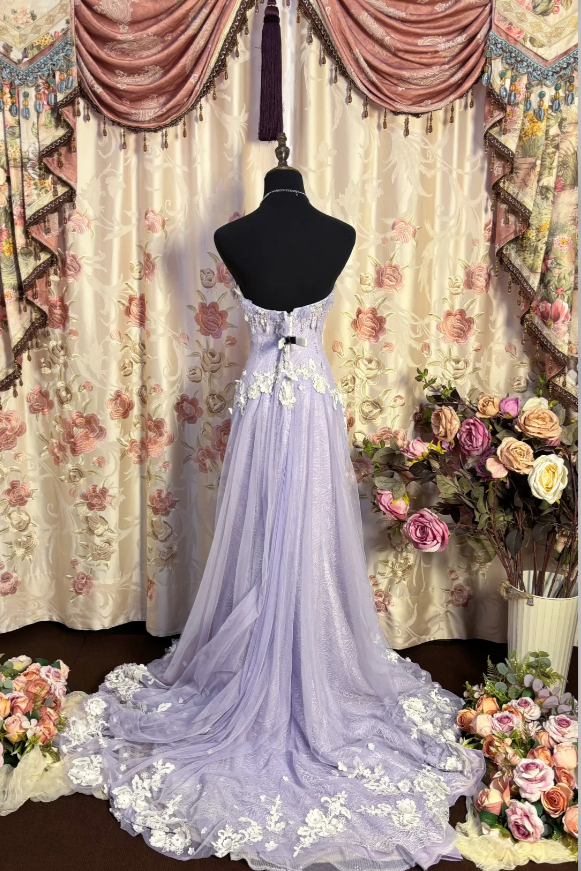 Pretty Strapless Tulle Lace Appliques Beaded Mermaid Slit Evening Dress Purple Birthday Party Gown D2189