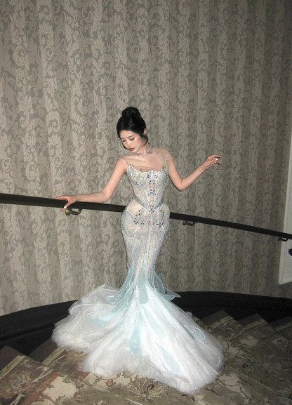 Exquisite Mermaid Round Neck Beaded Sequin Tulle Long Sweep Party Dress Evening Dress SH3407