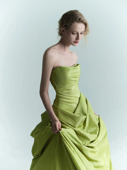 Charming Green Ball Gown Strapless Pleated Satin Prom Dress Formal Gown SH4307