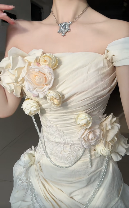 Light Yellow Rose Mermaid Off the Shoulder Pleated Lace Satin Prom Dress Party Dress SH5025