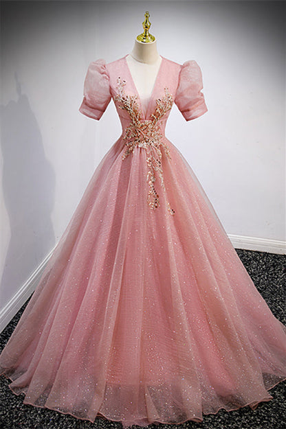 Pink Tulle A-Line V-Neck Short Sleeves Appliques Prom Dress