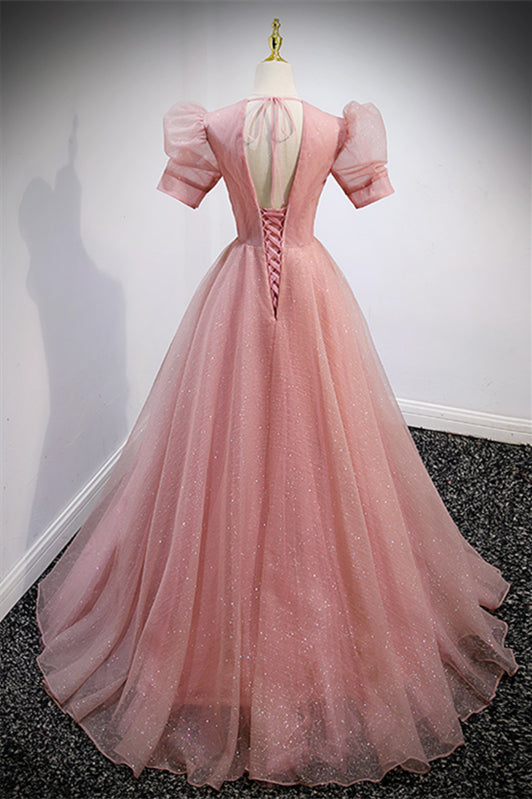 Pink Tulle A-Line V-Neck Short Sleeves Appliques Prom Dress