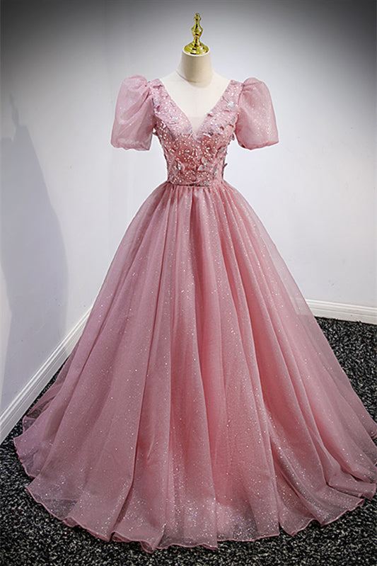 Formal Tulle A-Line Short Sleeves V-Neck Sparkly Prom Dress