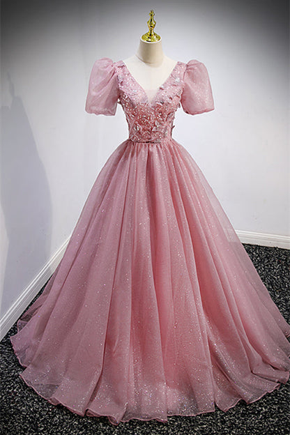 Formal Tulle A-Line Short Sleeves V-Neck Sparkly Prom Dress