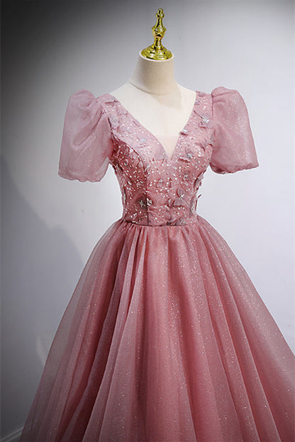 Formal Tulle A-Line Short Sleeves V-Neck Sparkly Prom Dress