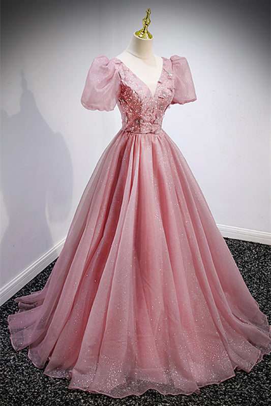 Formal Tulle A-Line Short Sleeves V-Neck Sparkly Prom Dress