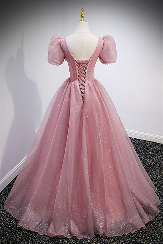 Formal Tulle A-Line Short Sleeves V-Neck Sparkly Prom Dress