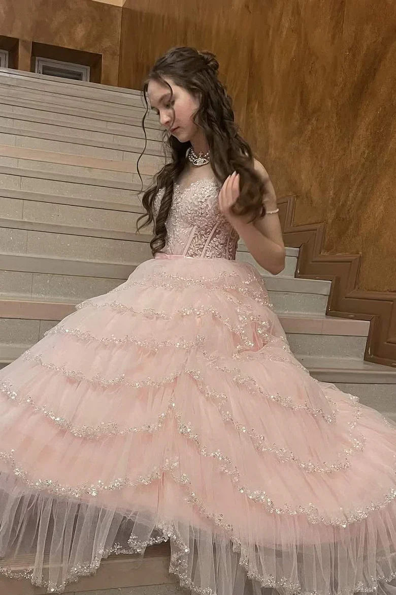 Pink A-Line Sweetheart Strapless Empire Tiered Formal Party Prom Dress