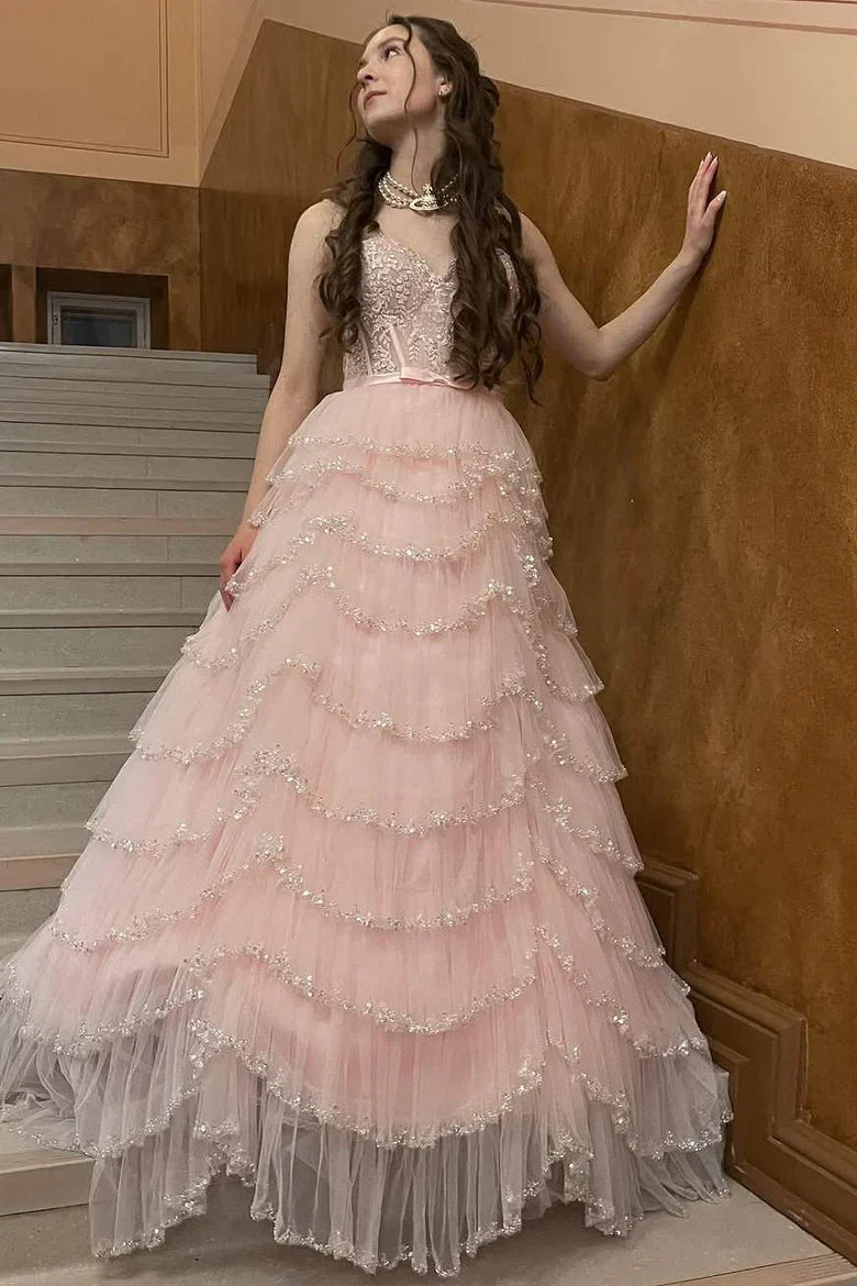 Pink A-Line Sweetheart Strapless Empire Tiered Formal Party Prom Dress