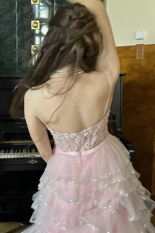 Pink A-Line Sweetheart Strapless Empire Tiered Formal Party Prom Dress
