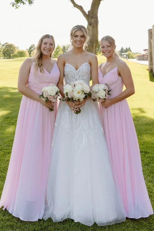 Pink A-Line V-Neck Sleeveless Chiffon A-Line Bridesmaid Dress