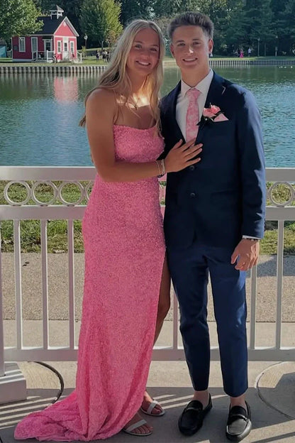 Pink Bateau Open Back Mermaid Fully Sequin Party Prom Dress