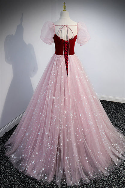 Tulle And Velvet Short Sleeves Empire A-Line Party Prom Dress